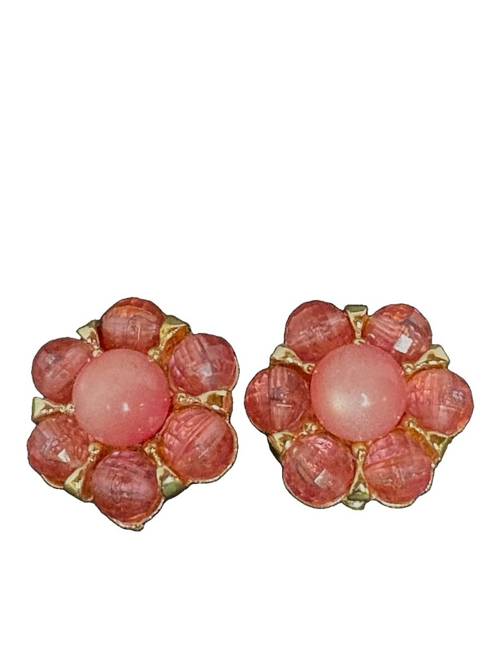 Gold-Tone Pink Flower Cluster Clip On Earrings Vintage Fashion Earrings